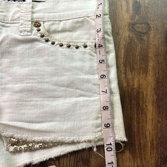 Affliction VIKKI white shredded cut off denim jean shorts gold sequin Sz 30 Y2K - Picture 10 of 10